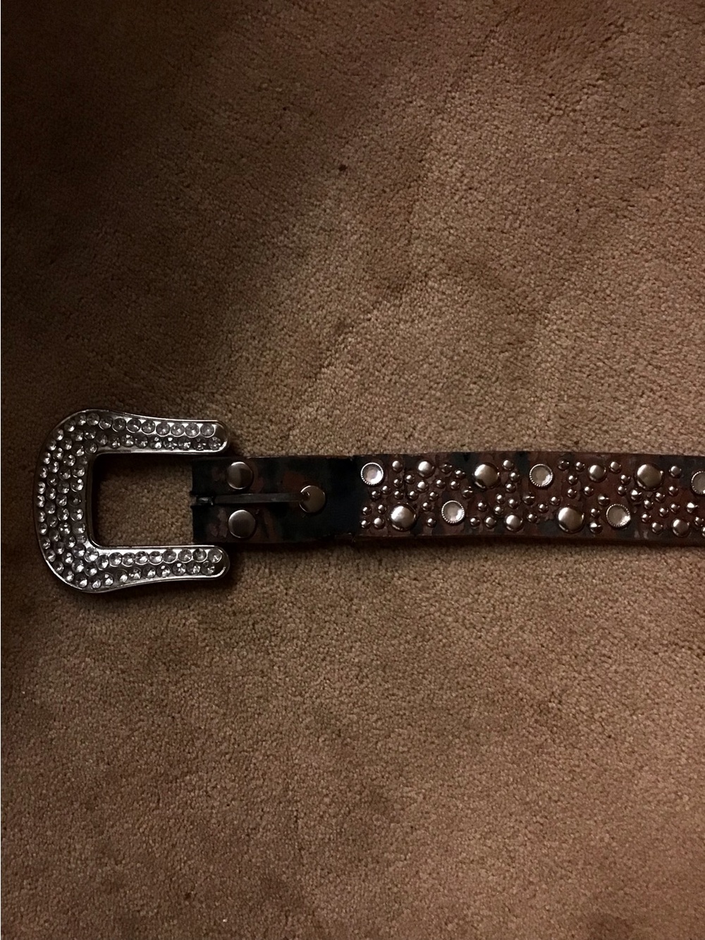 Source Unknown Brown Studded Leather Belt with Crystal Buckle